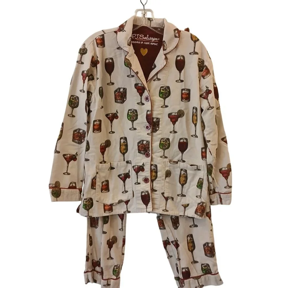 PJ Salvage Cocktail Pajama Set XS Cozy Flannel Sleepwear Pants Long Sleeve #O-11 - Picture 1 of 9